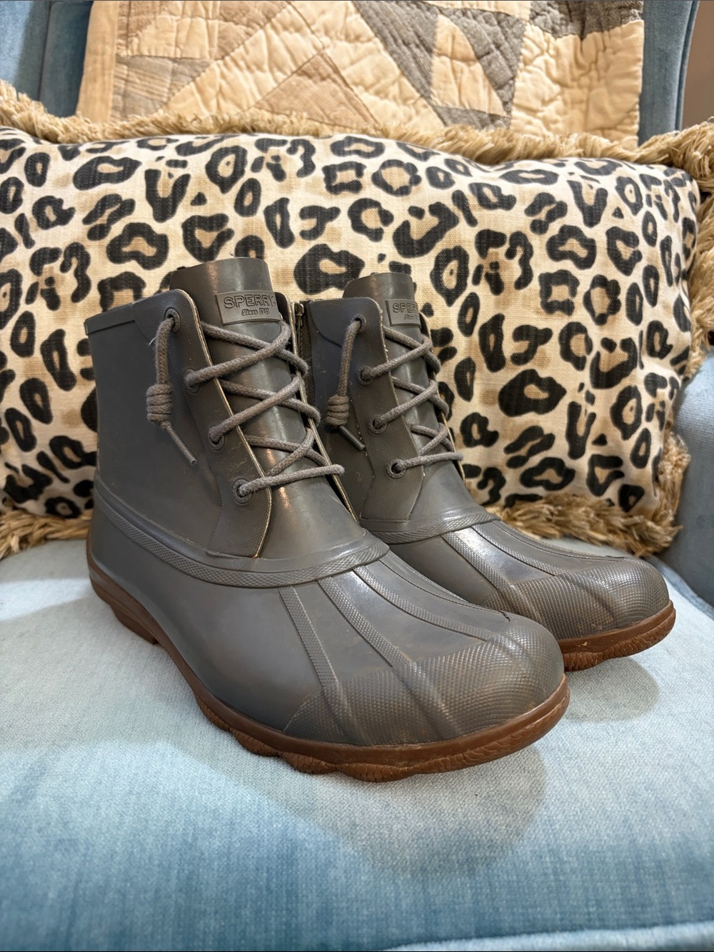 Sperry Women’s Gray Rubber Lace-Up Rain/Duck Boots with Brown Outsoles